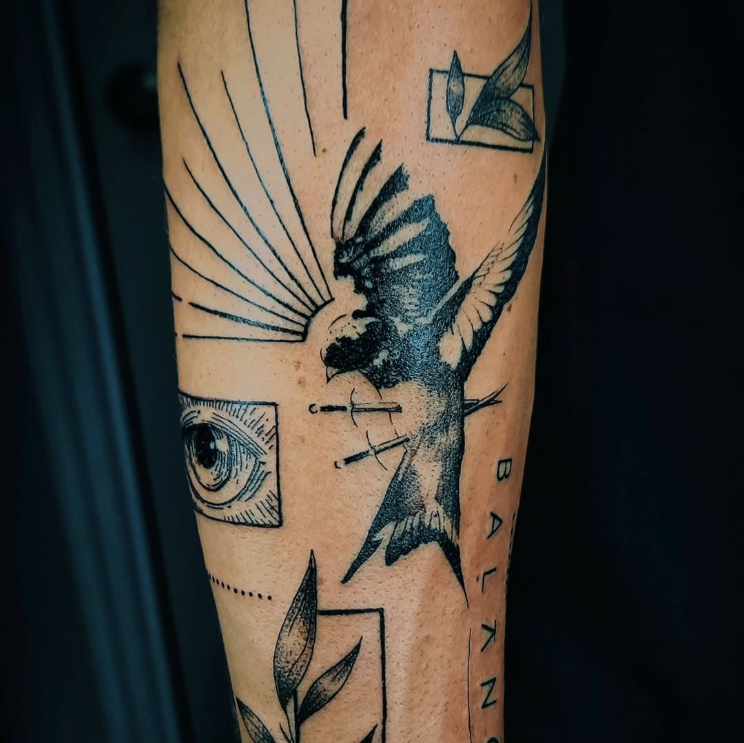 Surreal collage tattoo by Melissa Angel
